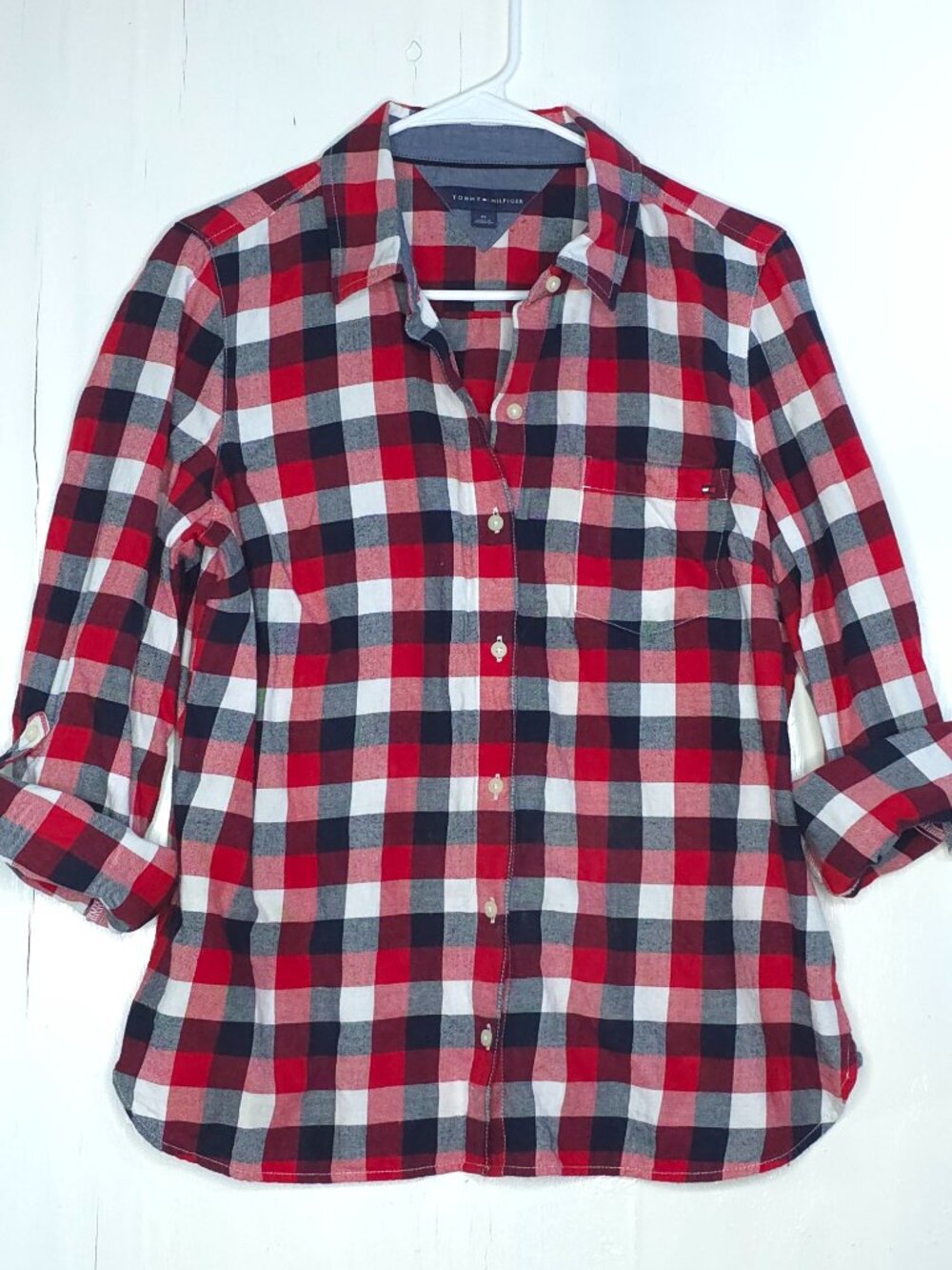 Tommy Hilfiger Red & Blue Plaid Long Sleeve 100% Cotton Button Down Shirt M